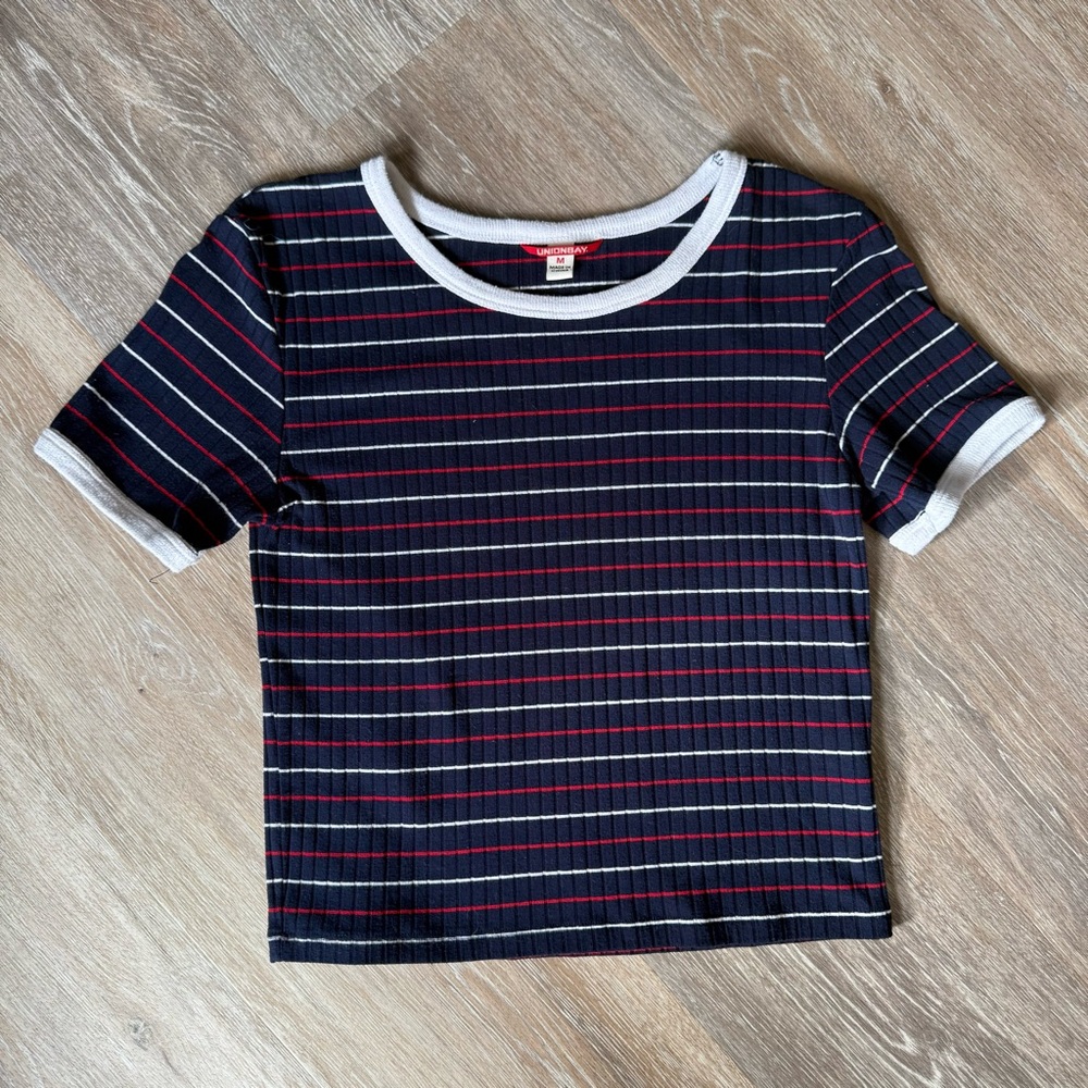 UNIONBAY Women's Navy and Red Striped Crop Top